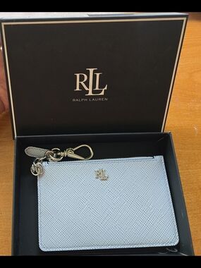 Ralph Lauren RLL Light Blue Saffiano Zip Card Case Keychain